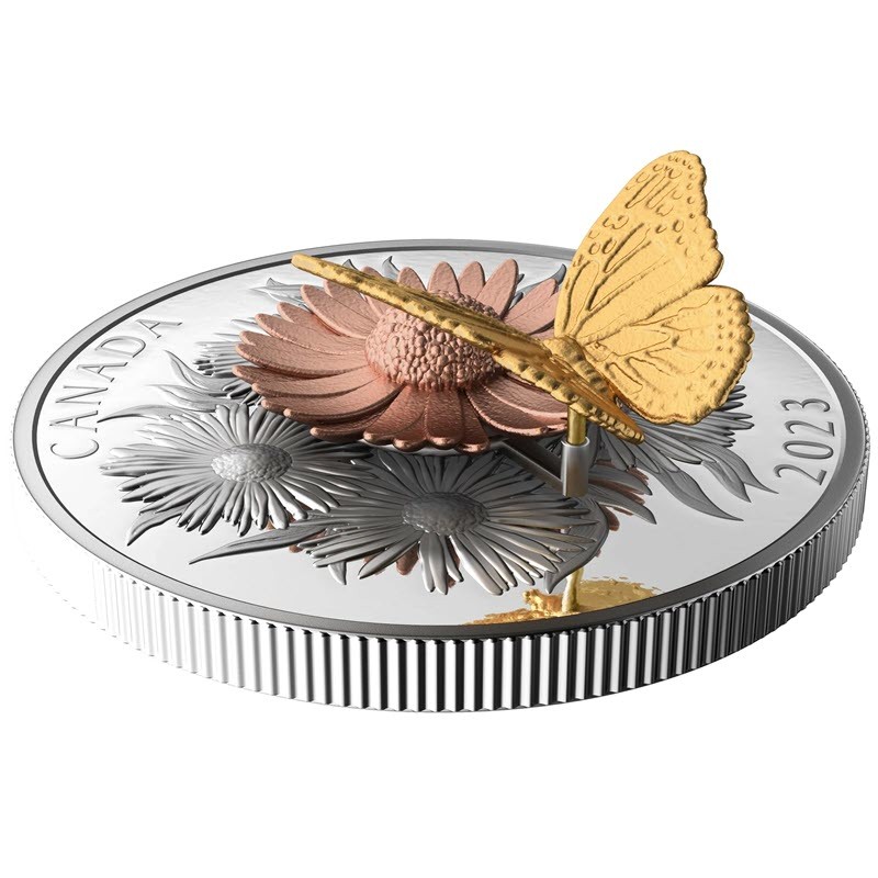 Канада, «Бабочка-монарх на цветке» 2023 г. (пруф), 157.6 г серебра